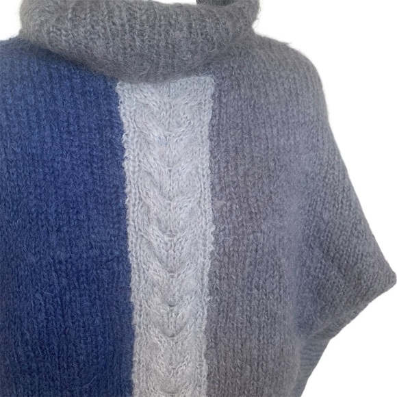 Hand Knit Style Sweater Cable Knit Pullover Turtle Neck Dolman Blues & Grey M - Picture 4 of 10